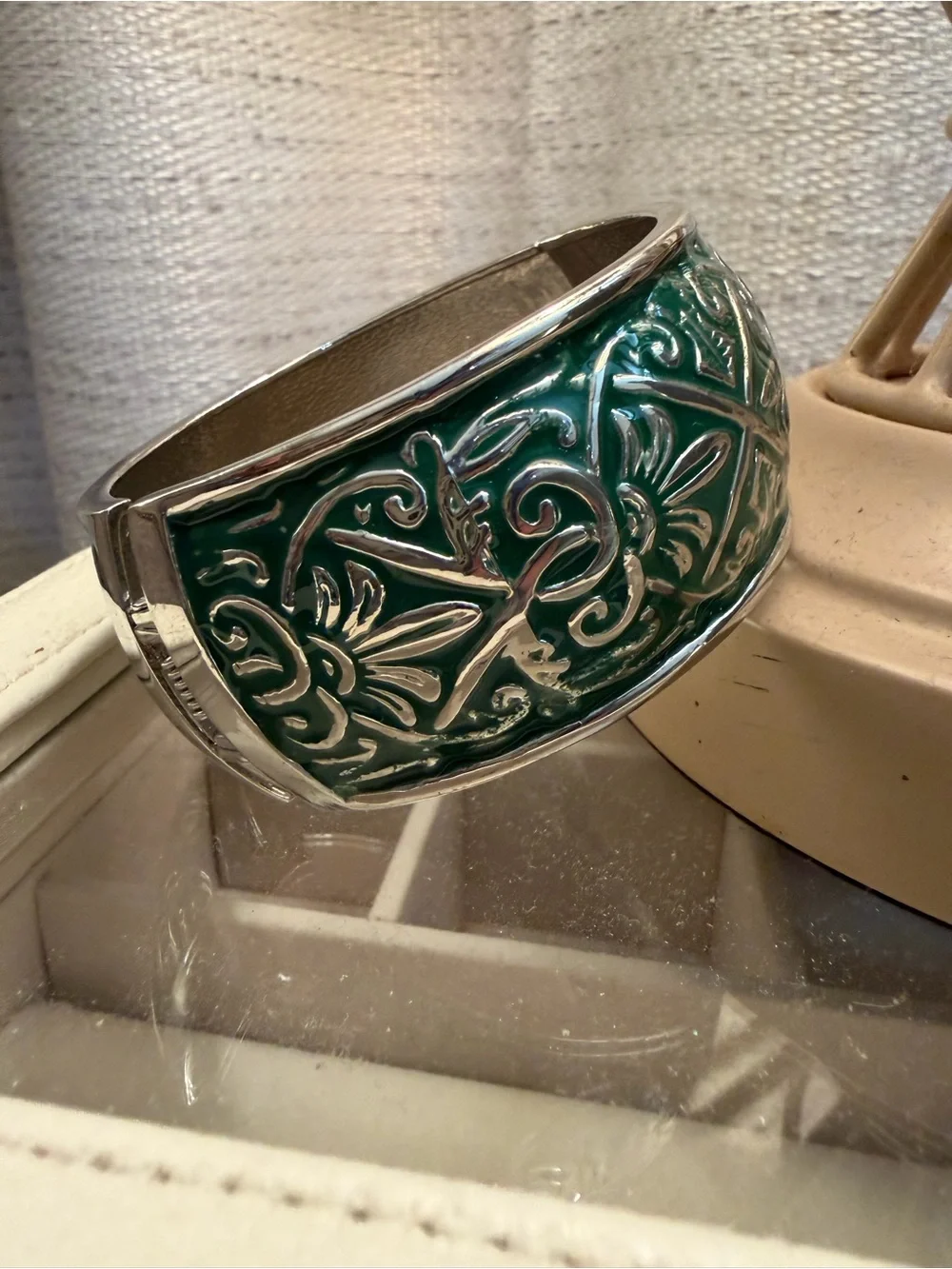 Green Embossed Enamel Floral Cuff Bracelet